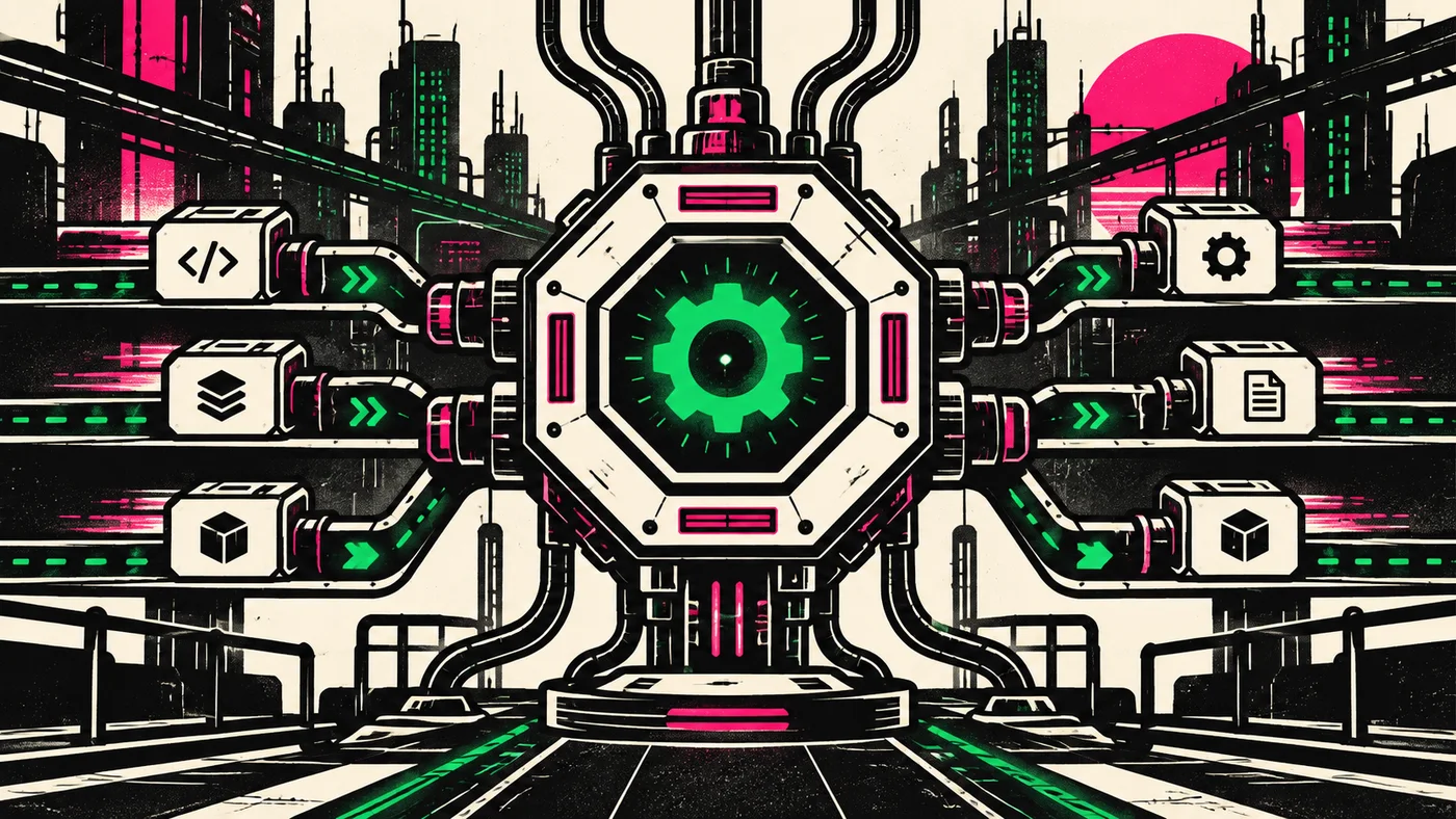 A cyberpunk build engine routing several parallel task pipelines