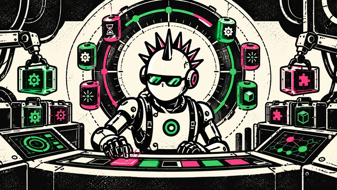 A punk robot dispatching jobs from a circular scheduling console